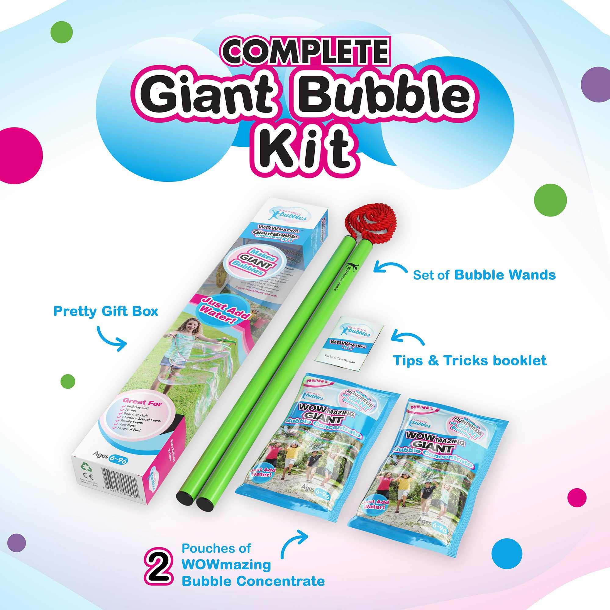 WOWmazing Giant Bubble Kit with big bubble wands, bubble concentrate pouches, and tips booklet in a gift box