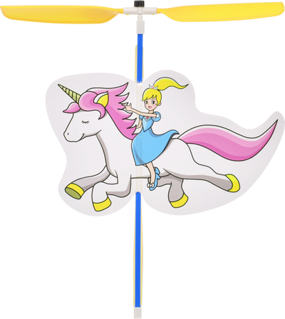 Band powered copter with unicorn princess figure and yellow propeller blades soaring into the sky.