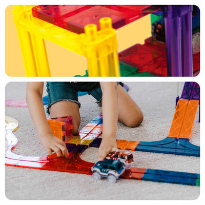 Child playing with colorful 50 Piece Magnetic Racetrack Set, featuring translucent track pieces and LED light-up cars on carpet.