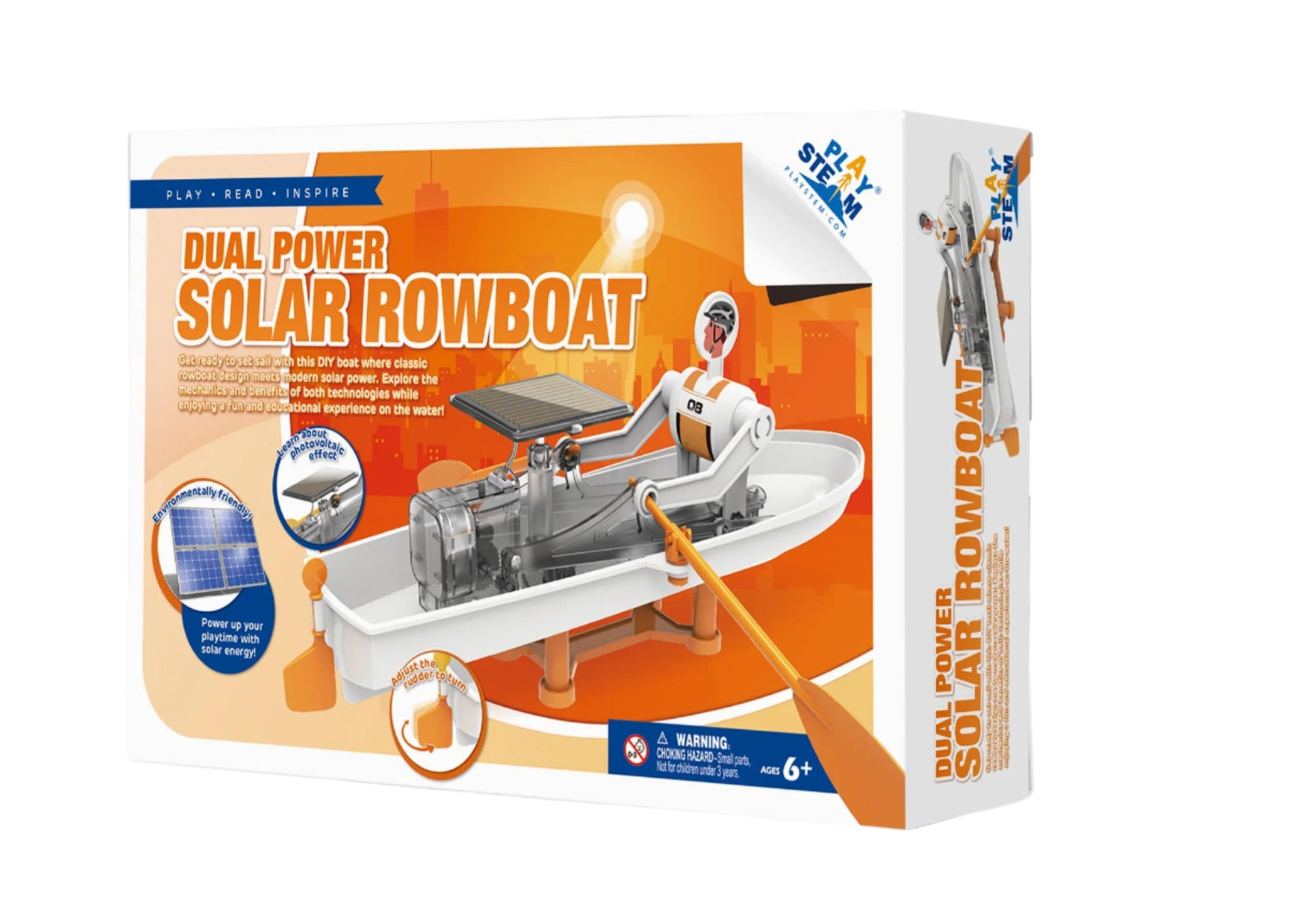 STEM DIY kit for kids featuring a dual-power solar rowboat on packaging.