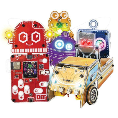 DIY Robot car kit Sparkly with light-following sensors and colorful robot designs for STEM learning and coding-free robotics.