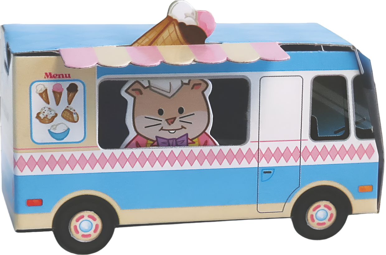 Tiny ice cream-themed toy van with cartoon character and menu graphics.