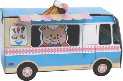 Tiny ice cream-themed toy van with cartoon character and menu graphics.