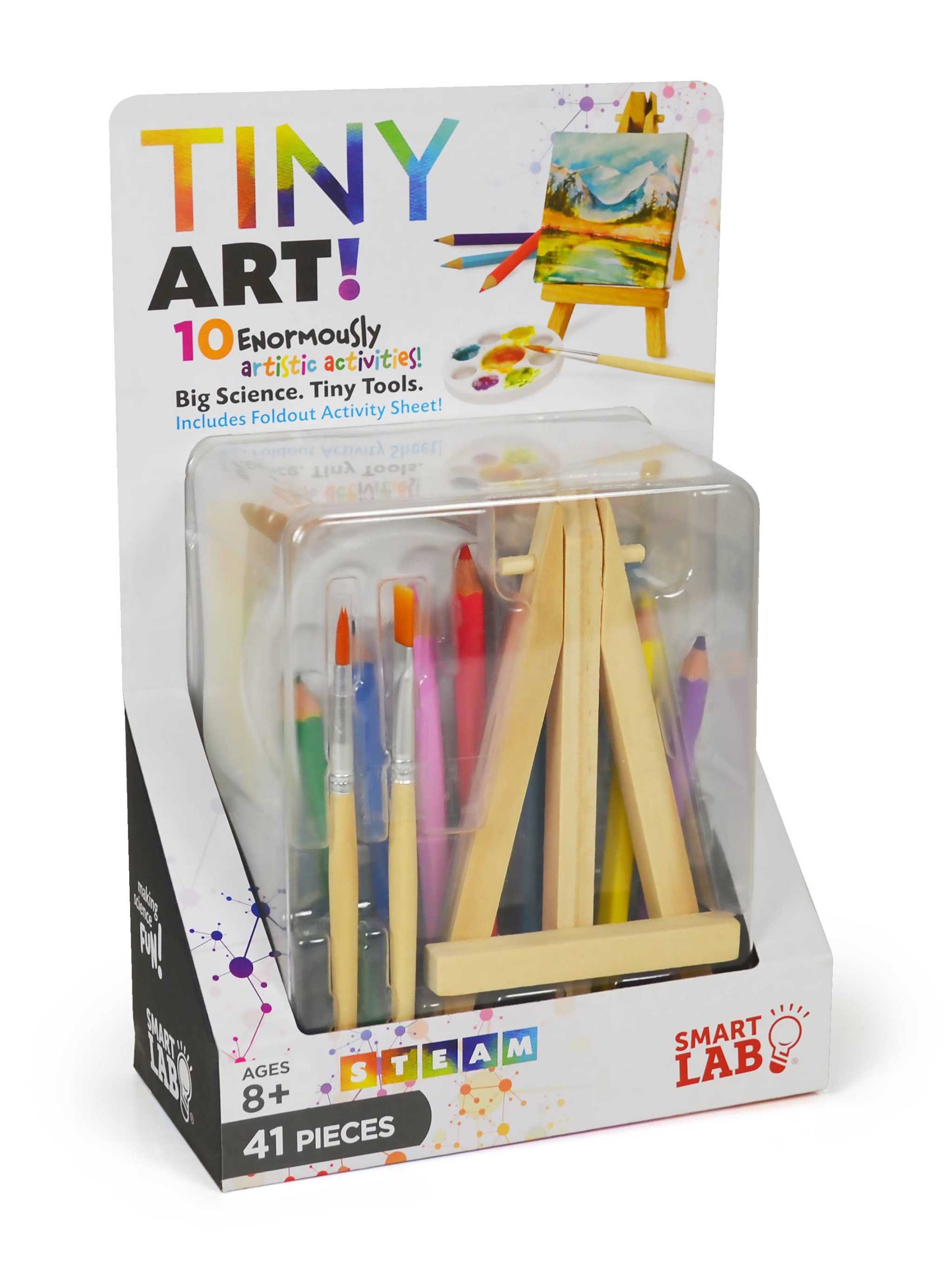 Tiny Art 41-piece kids art kit with paints, brushes, miniature easel, and stencils for creative STEAM learning.