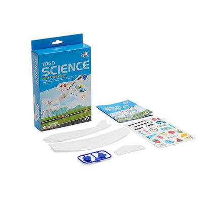 Hula Loop aerobatic stunt plane kit with five pieces, assembly parts, learning booklet, and stickers for educational flight experiments