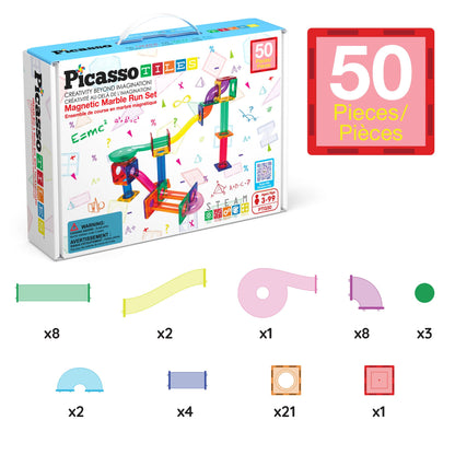 PicassoTiles Magnetic Marble Run 50-piece STEM toy set with colorful magnetic tiles for creative 3D maze building and educational play.