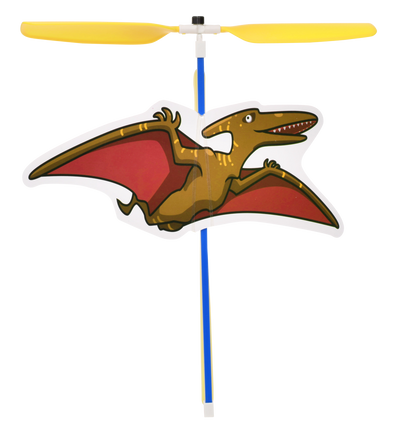 Band powered copter toy with yellow blades and a flying pterodactyl dinosaur design.
