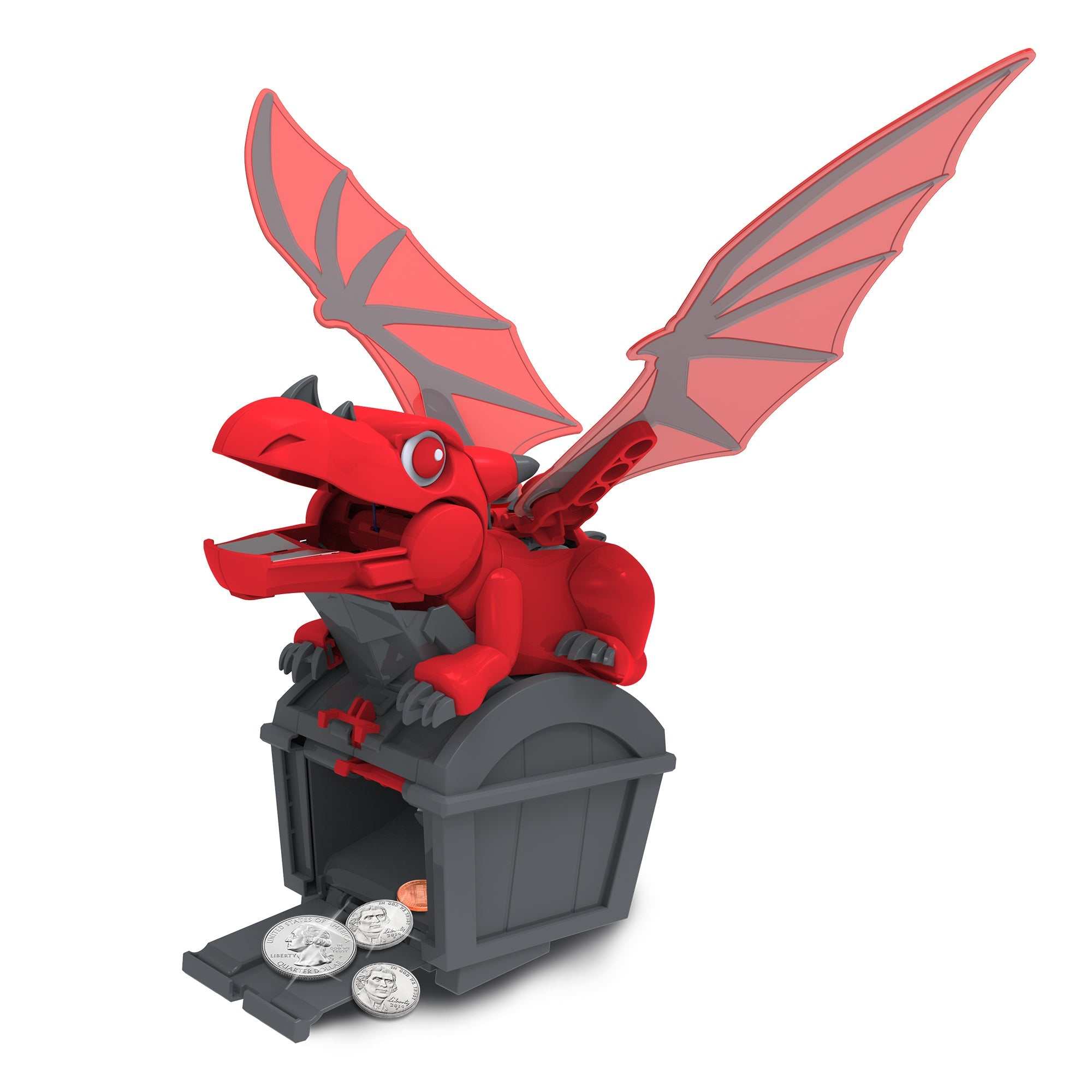 Red robotic dragon coin bank with motorized wings and jaw on a gray treasure chest with coins spilling out