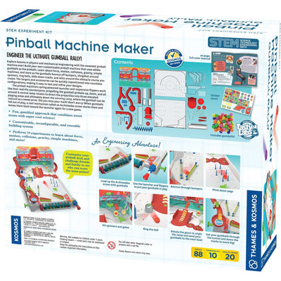 Educational STEM pinball machine kit using edible gumballs to teach physics and engineering concepts with customizable parts and interactive features.