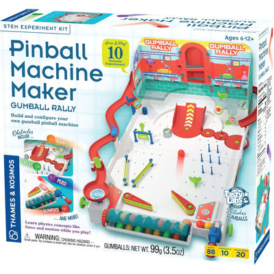 Pinball Machine Maker Gumball Rally STEM kit with customizable pinball machine using edible gumballs featuring flippers, launcher, ramps, and obstacles for ages 6 and up