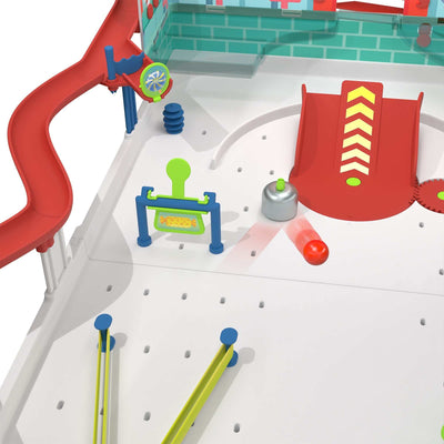 Customizable pinball machine with colorful bumpers, flippers, and ramps for edible gumball gameplay and physics learning