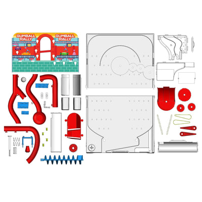 Components and parts for assembling the Gumball Rally pinball machine maker kit with customizable tracks and mechanical elements