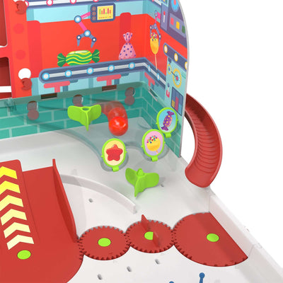 Colorful customizable pinball machine toy with gumball launchers, bumpers, and gears for interactive physics play