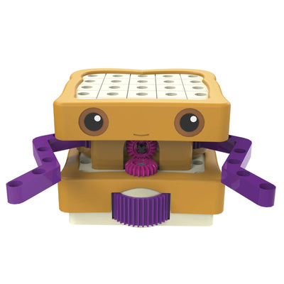 Kids First coding robot shaped like a peanut butter and jelly sandwich with moveable purple arms and LED eyes.