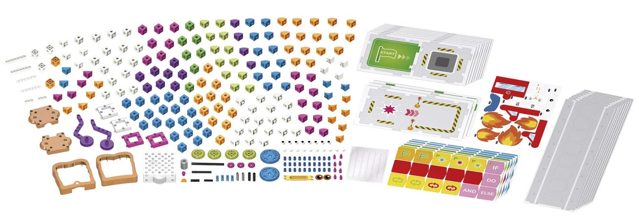 Kids First coding and robotics kit with colorful building blocks, code cards, gear pieces, and activity cards for children K-2 to learn programming and problem-solving skills.