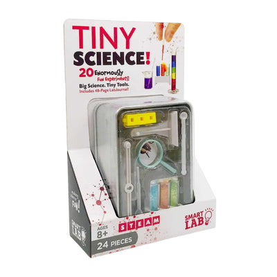 Tiny Science 24-piece miniature science lab kit with compact storage tin and small science instruments for kids aged 8+