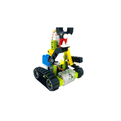 Colorful Monster Maker Kit robot toy with tracks and mechanical arms for STEM learning and creative building.