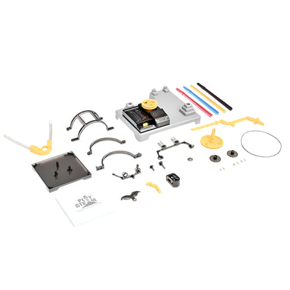 STEM science set with parts to build an arts robot spiral factory including conveyor belt, power base, and markers.