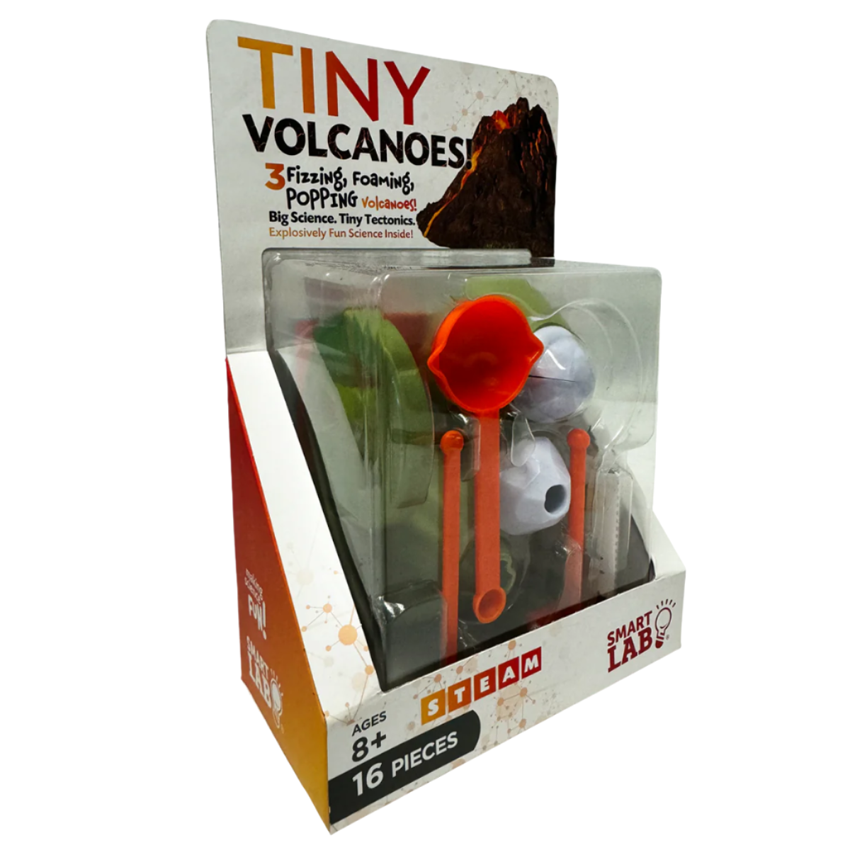 Interactive educational kit 'Tiny Volcanoes' for building mini-volcano models, ages 8+.