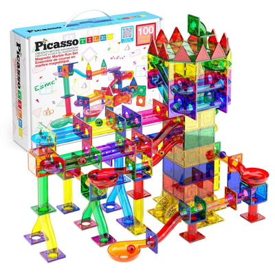 Colorful 100-piece Magnetic Marble Run toy set with translucent magnetic tiles for building 3D maze tracks, promoting STEM learning and creativity.