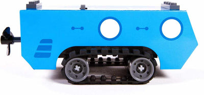 Blue motorized vehicle model with rubber tracks from Gears GO! STEM kit for kids.