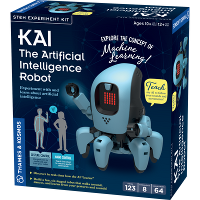 KAI artificial intelligence robot STEM kit with six-legged robot, gesture and audio control, LED display, and machine learning lessons for ages 10+
