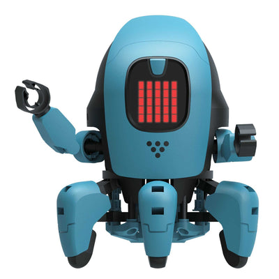 Blue six-legged artificial intelligence robot with LED display and movable arms controlled by app