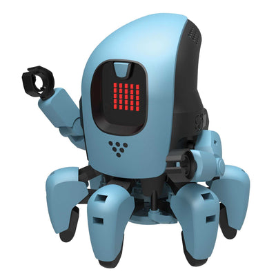 Six-legged blue artificial intelligence robot with LED display and robotic arm, designed for interactive gesture and sound control.
