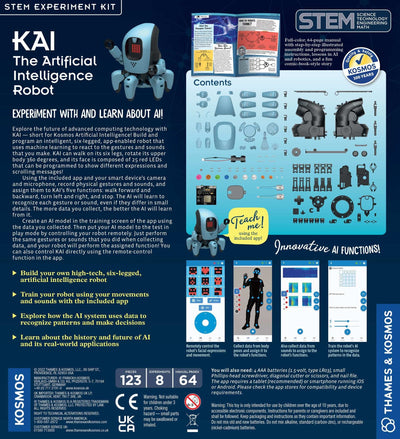 Six-legged AI robot kit with app control, gesture and sound recognition, LED programming, and STEM learning materials.