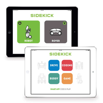 Tablets displaying the Sidekick app interface for programming and controlling smart machines robot and rover modes.