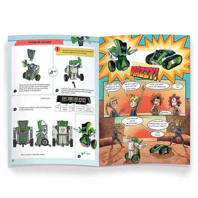 Open robotics instruction manual showing assembly steps and comic-style illustrations of robot characters in green and white designs