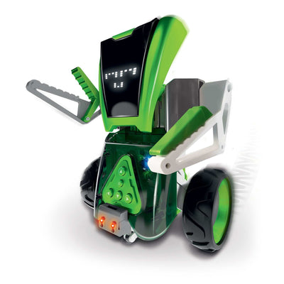 Green and black programmable Sidekick robot toy with LED face and two wheels, part of Smart Machines robotics kit for kids.