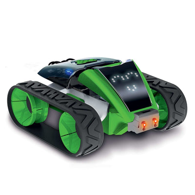 Green and black programmable robotic rover toy with LED display and rubber treads, Smart Machines educational kit