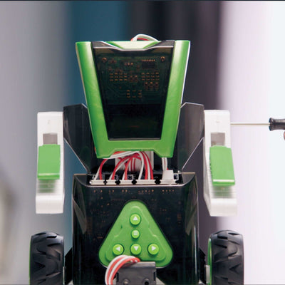Green and black programmable robot toy with wheels and control buttons, educational smart machine kit for kids.