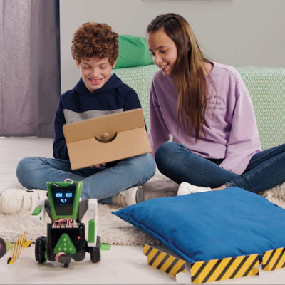 Kids assembling and playing with a transforming Smart Machines robotic Sidekick toy with remote control and programming features.