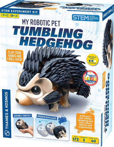 Robotic pet tumbling hedgehog STEM kit with 172 pieces, sound sensor, LED eyes, and interactive clap-controlled movements