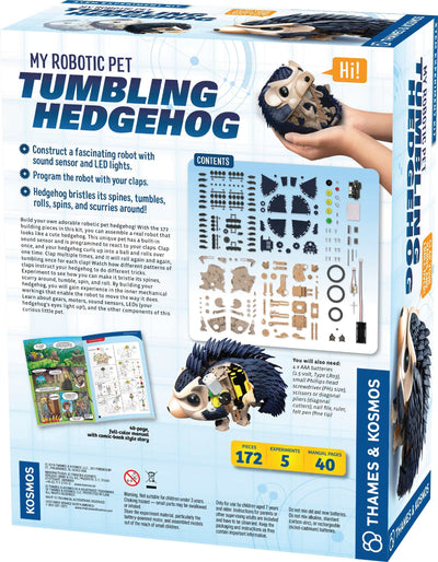Robotic pet tumbling hedgehog building kit with 172 pieces, sound sensor, LED eyes, and interactive clap-controlled movements