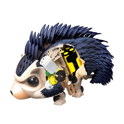 Robotic pet hedgehog toy with gears, motors, LED eyes, and sound sensor that tumbles, spins, and bristles its spines.
