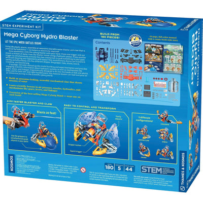 Mega Cyborg Hydro Blaster STEM kit with wearable water blaster, claw, hydraulic piston, and five transformable shapes for kids and adults