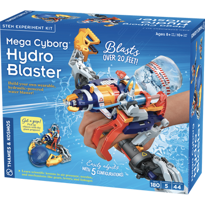 Mega Cyborg Hydro Blaster wearable hydraulic-powered water blaster with gripper claw and five configurations for kids and adults.