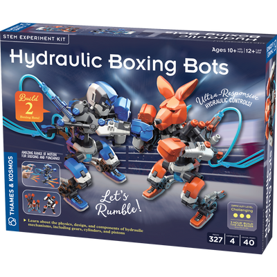 Hydraulic Boxing Bots STEM kit featuring buildable robotic boxers with hydraulic controls for motion and punching.