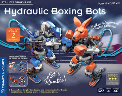 Hydraulic Boxing Bots STEM kit featuring two buildable robots with hydraulic controls for realistic boxing movements and interactive play.