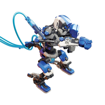 Blue and gray hydraulic boxing robot model with articulated limbs and fist gloves controlled by handheld tubes