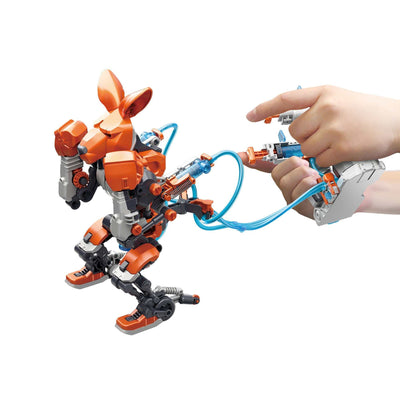 Hydraulic boxing robot kit featuring an orange kangaroo-bot with handheld controls and blue tubing for realistic mechanical boxing movements.