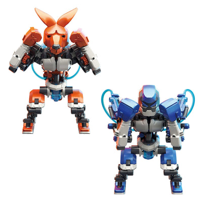Two hydraulic boxing robots, one modeled as a kangaroo and the other as a blue robot, designed for STEM learning and interactive robotic boxing matches.