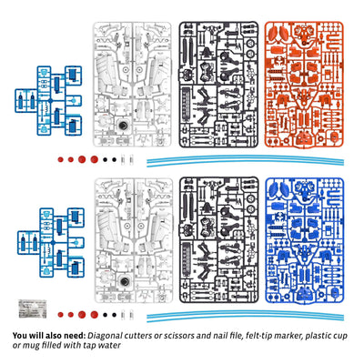 Hydraulic Boxing Robots building kit parts in blue, red, white, and black plastic sprues for Robo-Boxer and Kangaroo-Bot models.