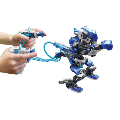 Hydraulic boxing robot model with handheld controls demonstrating robotic punching movement