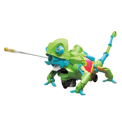 Interactive green robotic chameleon toy with extending tongue and colorful body, programmable with gesture sensors and LED lights for educational coding play.