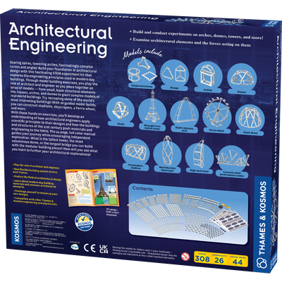 Architectural engineering STEM kit with models of arches, domes, towers, and famous buildings for hands-on learning and experiments