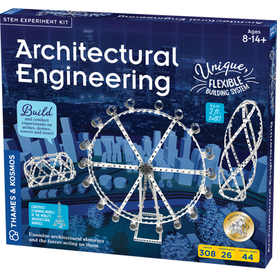 STEM architectural engineering kit with 308 pieces to build flexible structures like ferris wheels, domes, and towers for ages 8 and up.
